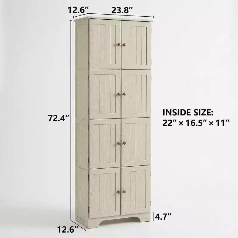 Armoire de rangement haute autoportante blanche de 72.4, avec 8 portes et 4 étagères