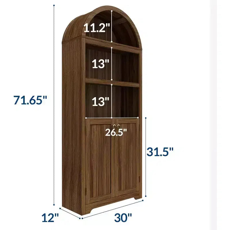 Hoge gebogen kast van 72, boekenrek met 5 niveaus, dubbele deuren en verstelbare plank, houten boekenkast met opbergruimte voor thuiskantoor