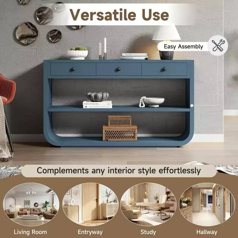 ModernLuxe gebogen sidetable, haltafel, bijzettafel naast de bank, displaystandaard en accenttafel met 3 softclose-lades en 2 open vakken