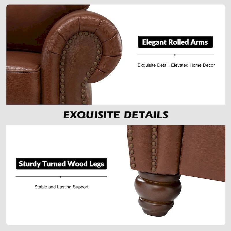 Balvino Sofa mit 81 cm Breite, im Übergangsstil, aus echtem Leder, mit gerollten Armlehnen, Nagelkopfbesatz und abnehmbaren Kissen