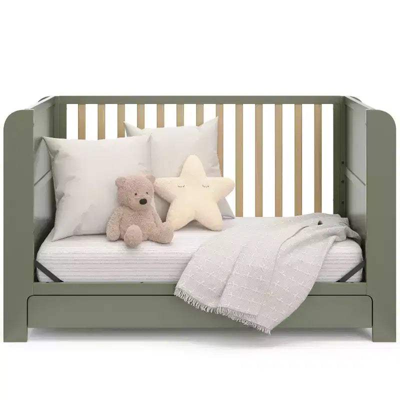Lit de bébé convertible 4-en-1 avec tiroir et bibliothèques amovibles, sommier réglable