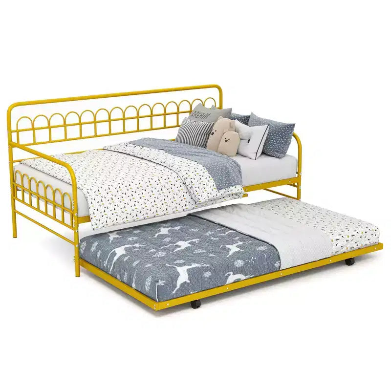 Costway Einzel-Tagesbett mit Ausziehbett, geschwungener Rückenlehne und Armlehnen, robuste Metallstreben, Schwarz/Gold