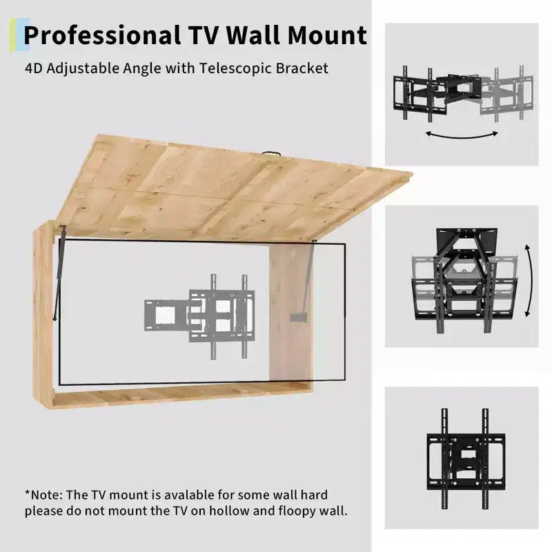 Abri pour téléviseur d’extérieur de 55 in, protection étanche en bois massif avec support réglable 4D et porte rabattable (compatible avec les téléviseurs de 44-55 in)