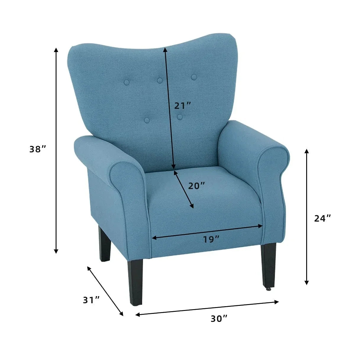 Erommy moderne fauteuil, fauteuil met hoge rugleuning, gestoffeerde eenzitsbank met knopen en houten poten voor de woonkamer