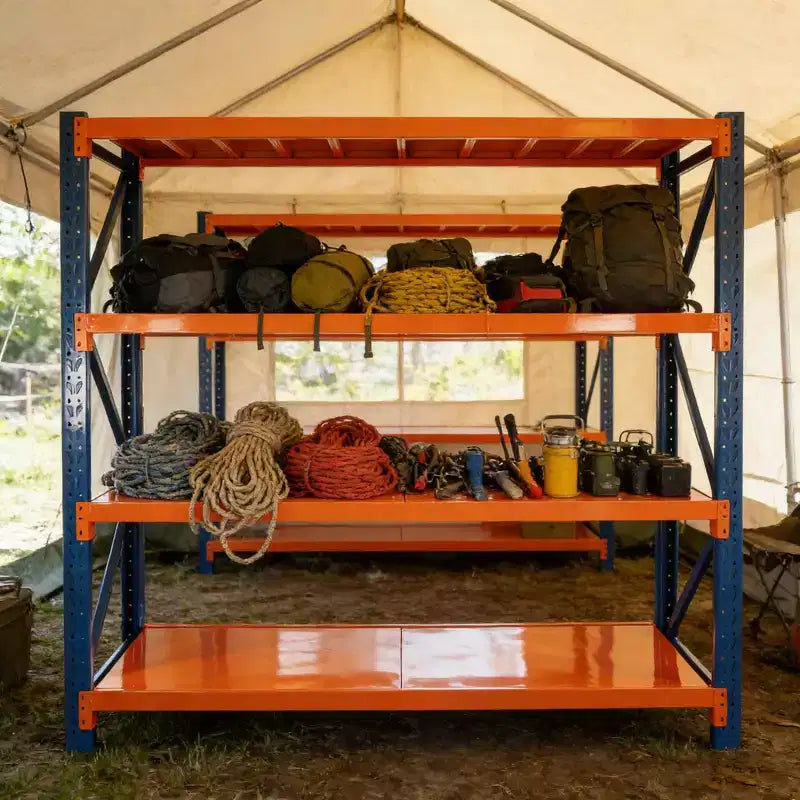 VIYET extra stevige garageschappen, verstelbare metalen stellingkast met 4 niveaus en een draagvermogen van 4400LBS, blauwe en oranje industriële opslag voor winkels, gereedschap en sportscholen