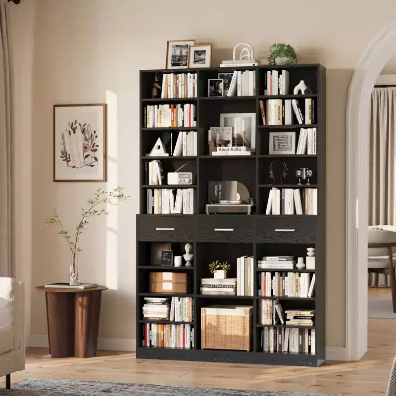 Bibliothèque noire et blanche à 9 niveaux avec 3 tiroirs et étagères réglables