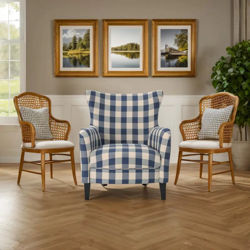Moderne retro fauteuil met hoge rugleuning van 30.25 en houten poten voor de woonkamer