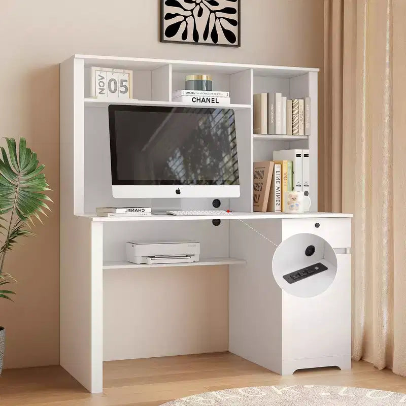 Bureau d'ordinateur moderne de 51.18IN avec rehausseur et bibliothèque, bureau avec nombreux rangements, bureau d'écriture pour le travail et la lecture