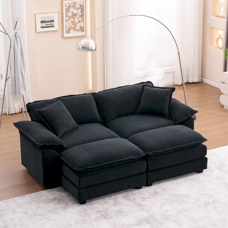 Canapé 2 places avec 2 coussins, 2 oreillers et 2 poufs, confortable - Canapé profond et modulable pour le salon