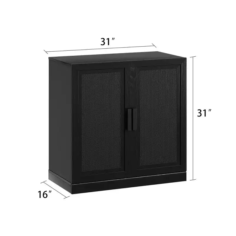 Armoire décorative de rangement noire de 62 de haut, avec portes tressées effet bois et 12 étagères