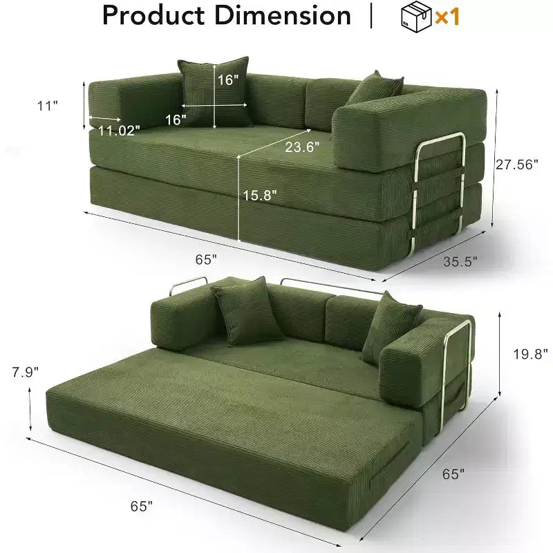 Dyonery 65-Zoll-Fünf-in-eins-Klappsofabett für den Boden, zum Doppelbett-Sofabett umwandelbar, mit festem Metallrahmen, Cord