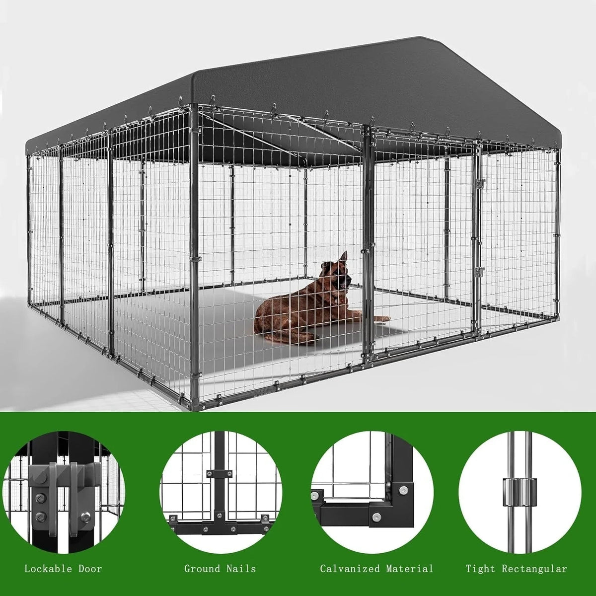 W 118 x P 118 x H 70, grande cuccia da esterno per cani, recinto robusto con tetto impermeabile