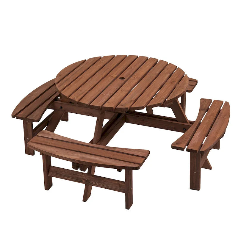 Ensemble de pique-nique rond en bois de sapin pour terrasse extérieure, pour 8 personnes, avec 4 bancs intégrés et un trou pour parasol