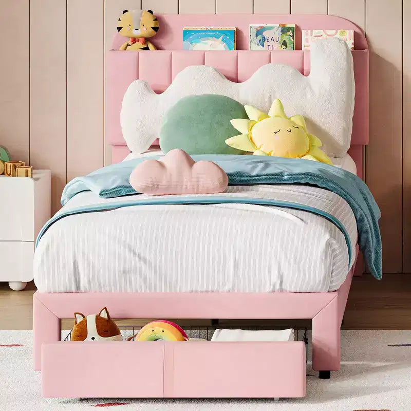 Lot de 2 cadres de lit simple avec tiroirs de rangement et tête de lit, revêtement en velours, profil bas, silencieux, montage facile, rose
