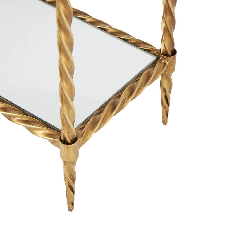 Konsolentisch mit 1 Ablage, inspiriert von gedrehtem Metallseil, mit verspiegelter Glasplatte und Ablage - Gold - Roche River Decor