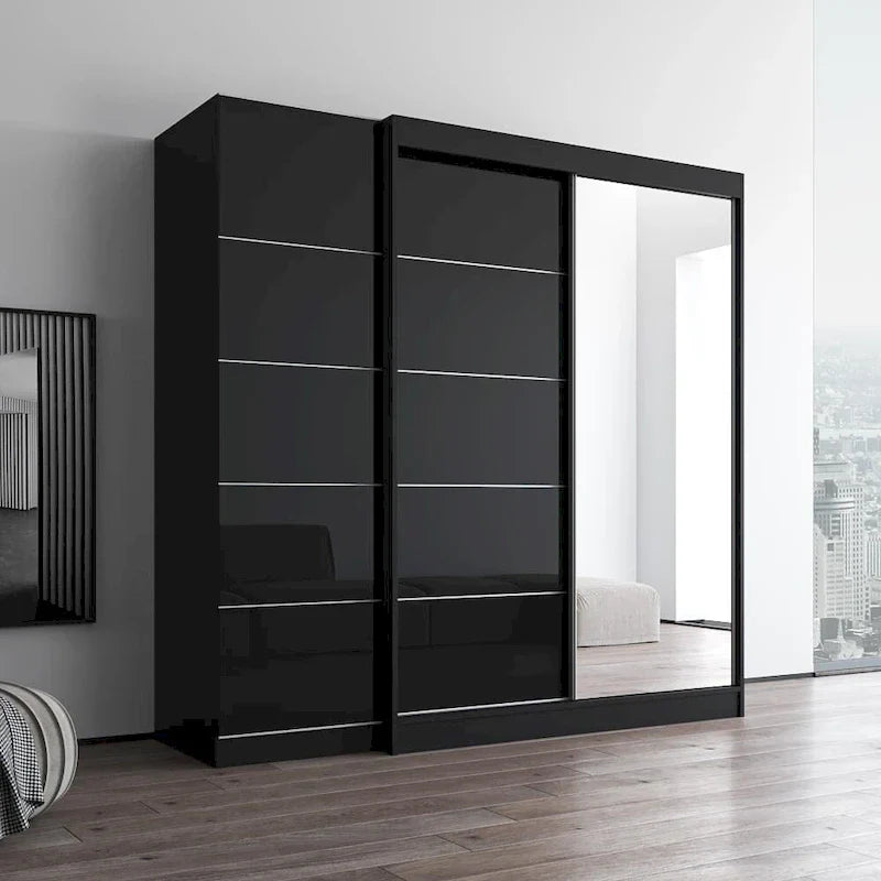 Armoire à 2 portes avec miroir et façade en verre, pour 2 personnes (gris / noir / blanc)