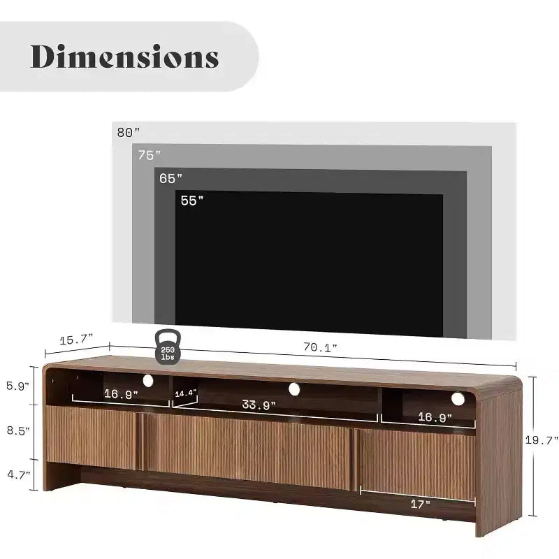 AMERLIFE Meuble TV moderne de 70 au design cannelé avec placards de rangement, pour téléviseurs jusqu'à 80, meuble de divertissement en bois, console multimédia pour le salon
