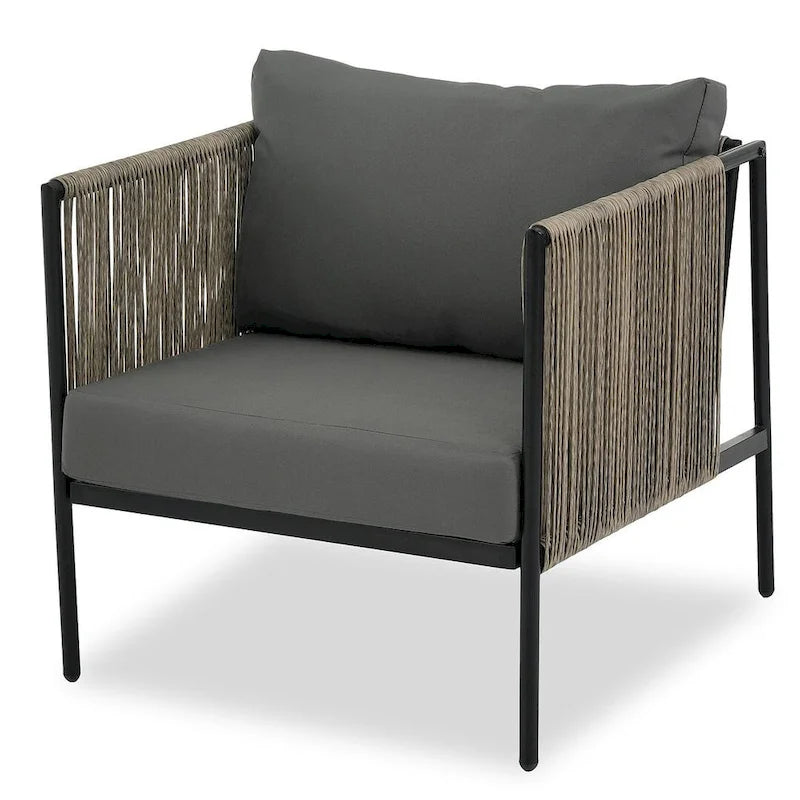 Ensemble de patio extérieur en corde, 4 pièces pour 4 personnes, avec coussins et table en verre