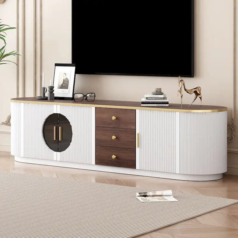 Mobile TV moderno e minimalista da 70.8 per televisori fino a 80 pollici, mobile per intrattenimento con 3 cassetti e 1 ripiano, maniglie in metallo