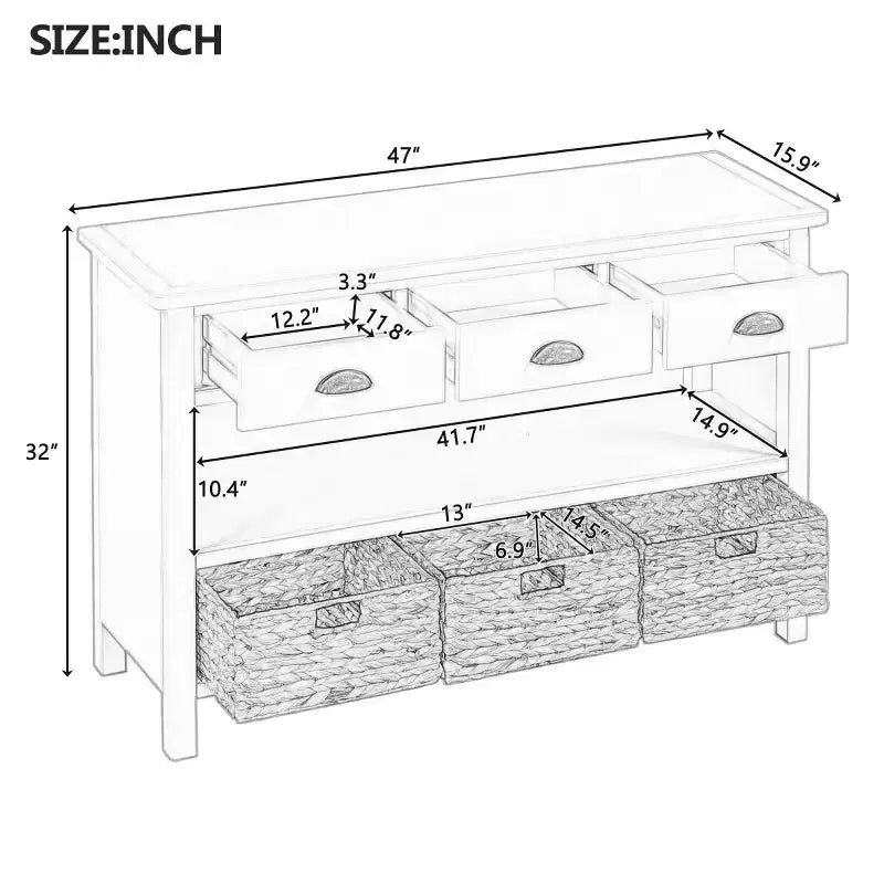 Tavolo consolle da ingresso con contenitore, tavolo da corridoio stile rustico con 3 cassetti e 3 cesti in giacinto d’acqua per soggiorno o ingresso - Panipeachy