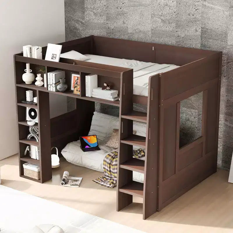 Whisen-Hochbett aus Holz in Queen-Size mit Stauschränken und Regalen