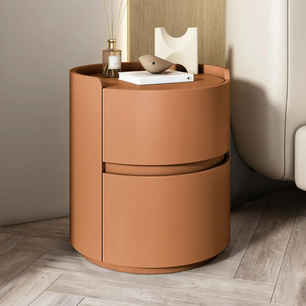 Comodino rotondo moderno con vassoio in pelle e 2 cassetti