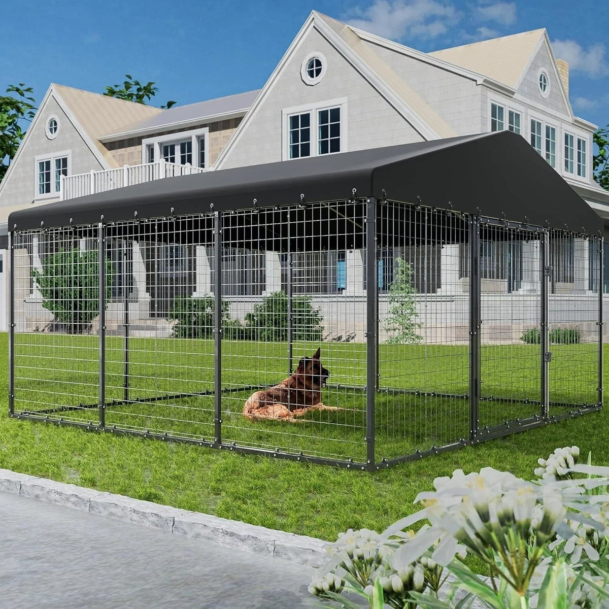 W 118 x P 118 x H 70, grande cuccia da esterno per cani, recinto robusto con tetto impermeabile