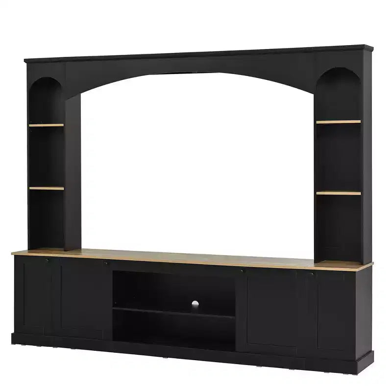 Whisen 91 Medienkonsole, geschwungene Entertainment-Center-Wandeinheit, TV-Schrank im Landhausstil mit Bücherregal in Holzoptik für Fernseher bis zu 70