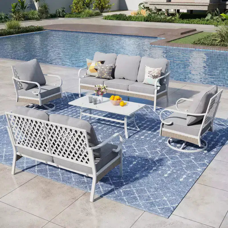 Captiva Designs 5-teiliges extra großes Outdoor-Lounge-Set aus Metall und Rattan mit Drehstühlen mit Gitterlehne und Zweisitzer