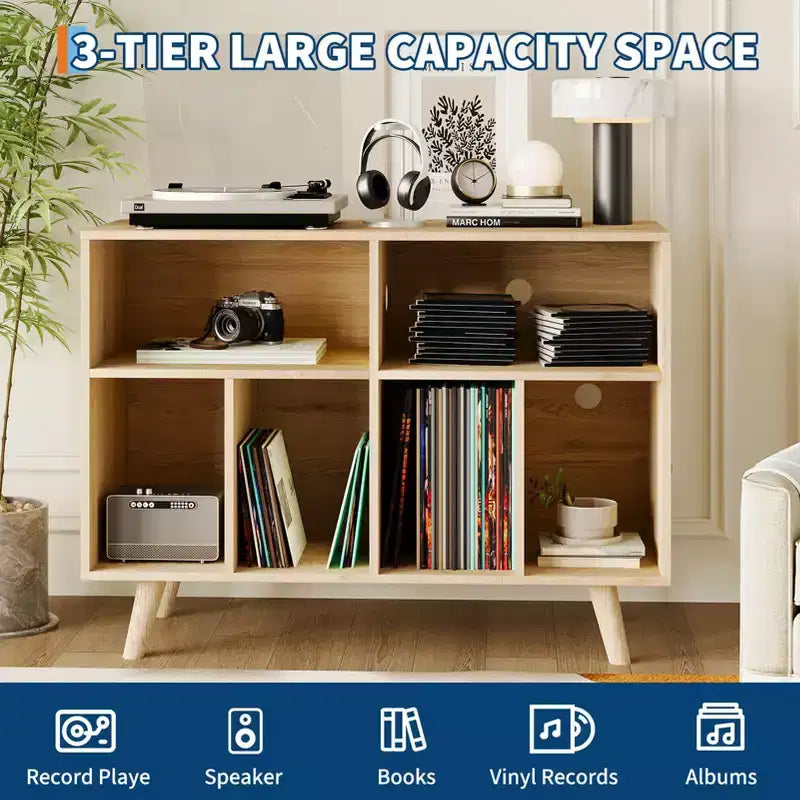 COZONY platenspelermeubel met vinylopslag, decoratieve boekenkast en platenspelerstandaard van 39.5, geschikt voor maximaal 350 platen, voor de woonkamer