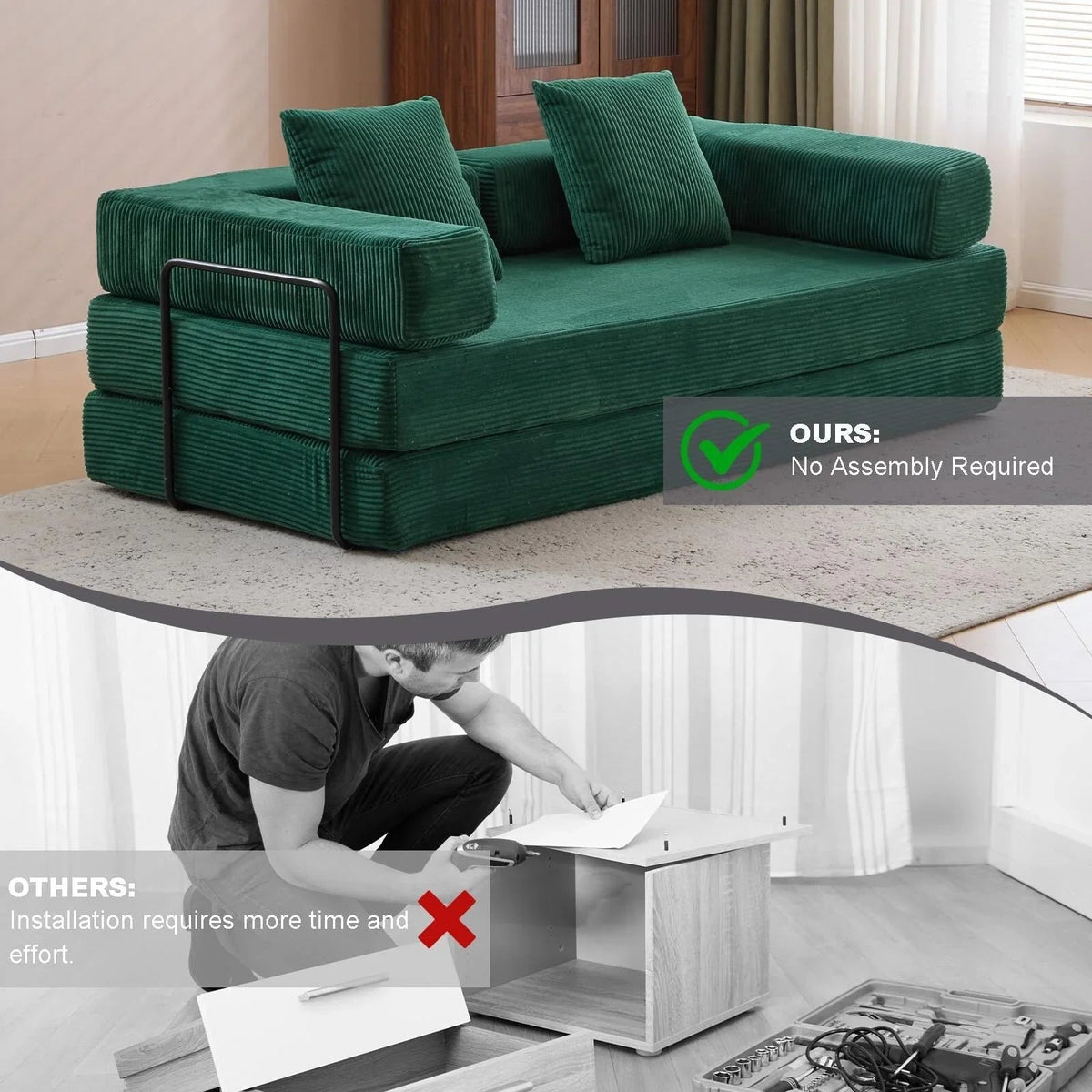 Canapé-lit convertible de sol avec dossier à coussins en tissu chenille, pour salon et chambre