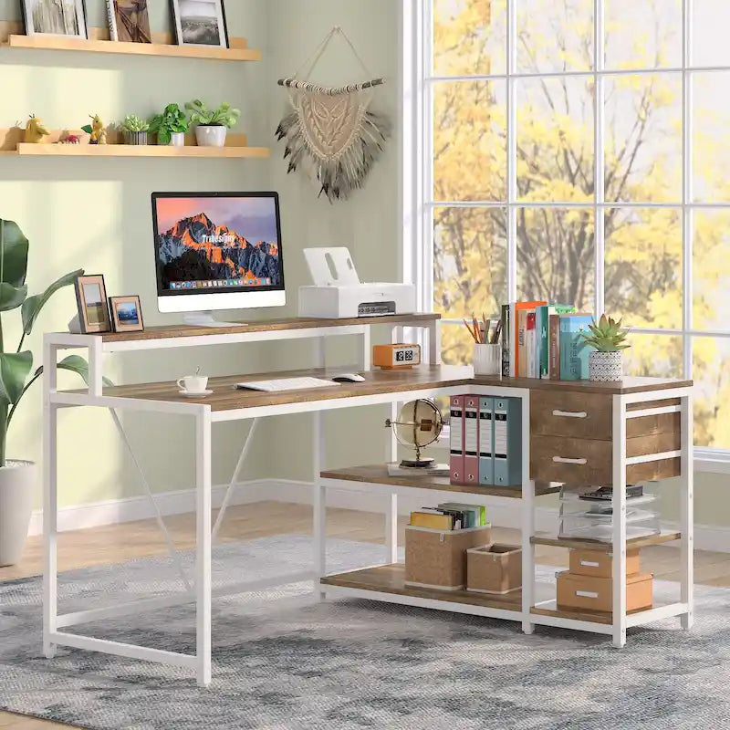 Schreibtisch in L-Form mit Schublade, Eckschreibtisch fürs Homeoffice mit Ablagefächern und Monitorständer, rustikaler PC-Schreibtisch für kleine Räume