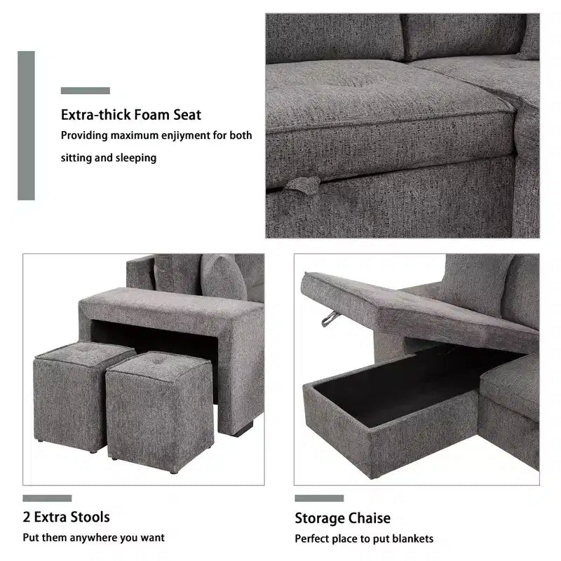 Divano componibile letto reversibile a L da 104.5 con chaise longue contenitore e 2 sgabelli - Divano letto trasformabile a 3 posti per il soggiorno