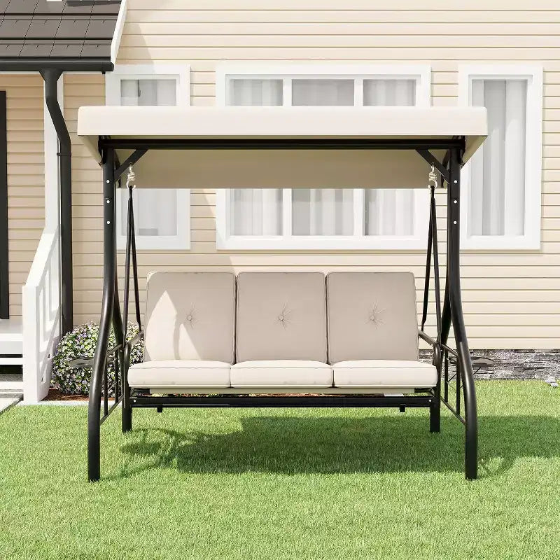 2-in-1-Convertible-Gartenschaukel für 3 Personen mit verstellbarem Sonnendach, Gartenschaukelbett mit Gestell, dicken Polstern und Getränkehaltern, für Hinterhof, Garten und Veranda