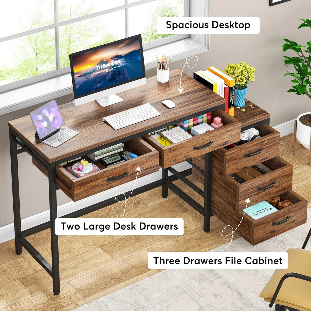 Wendbarer Computerschreibtisch mit 5 Schubladen, Schreibtisch fürs Homeoffice mit Aktenschublade und Druckerständer