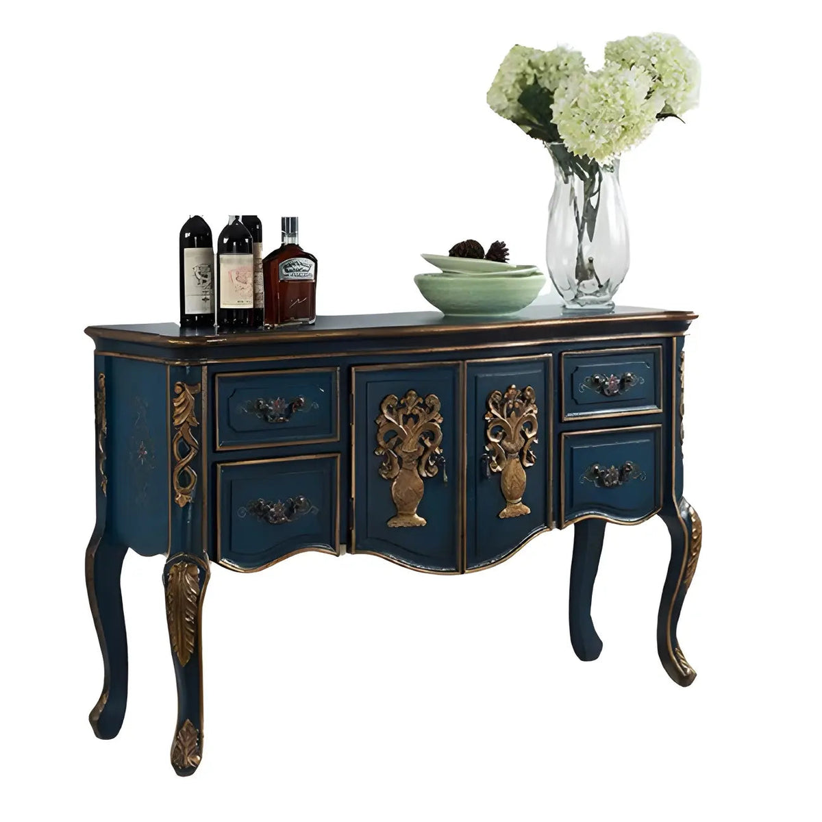 Franse houten koffiekleurige opbergconsoletafel met laden
