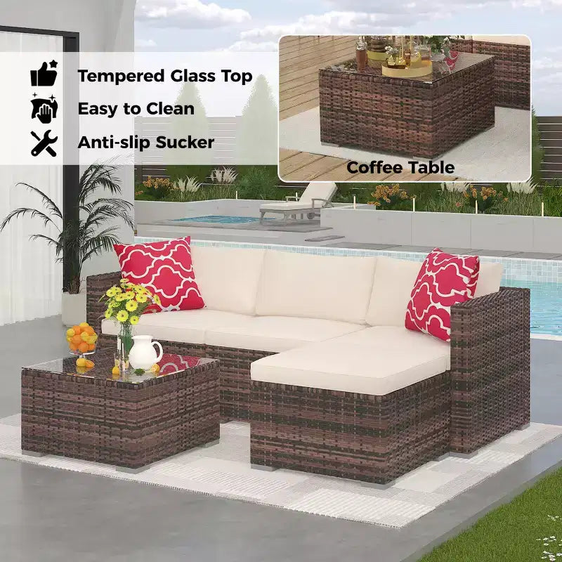 5-teiliges Gartenmöbel-Set, wetterfestes Ecksofa aus Rattan mit rutschfesten Kissen, Gartenmöbel-Sofa-Set aus Rattan mit Hocker