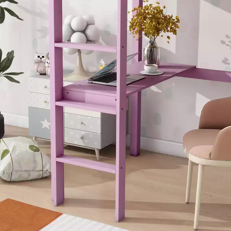 Lit mezzanine minimaliste Okak avec échelle, lit mezzanine pour lit simple en bois d’hévéa avec garde-corps de sécurité et bureau intégré, cadre de lit pour enfants et adolescents