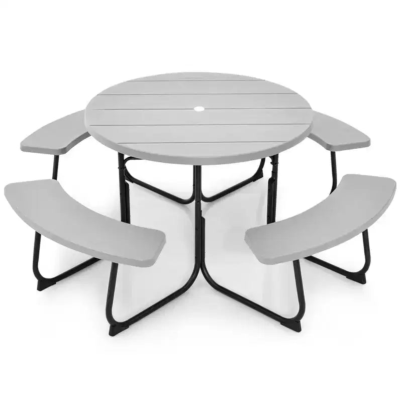 Costway Rundes Picknicktisch-Bank-Set für 8 Personen für den Außenbereich, mit 4 Bänken und Schirmloch, Schwarz/Grau/Grün/Weiß