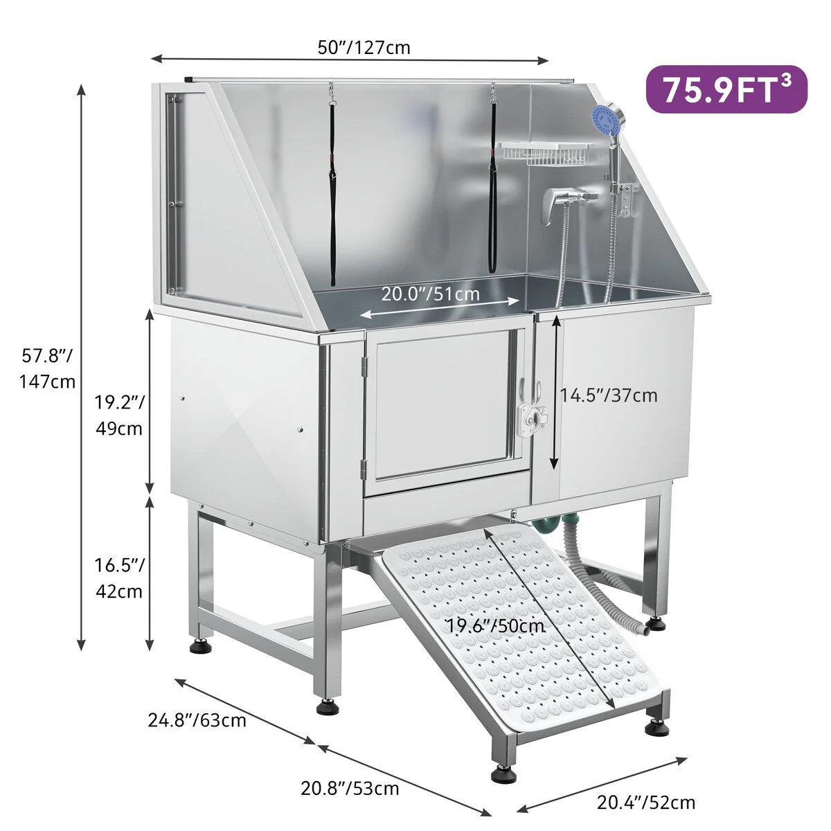 Baignoire de toilettage réglable pour animaux en acier inoxydable, largeur 50 W, avec marches et rampe