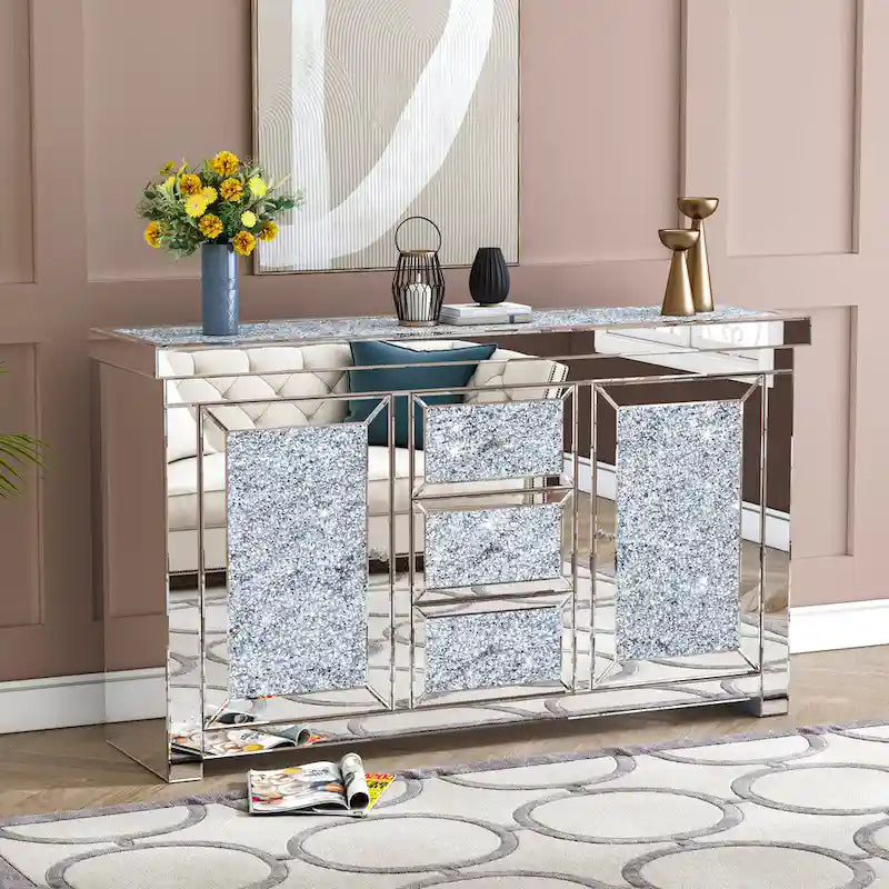 Credenza decorativa glam a specchio con motivo a rombi e 3 cassetti