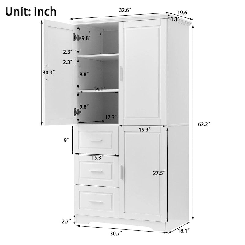 Armoire de rangement haute et large avec portes pour salle de bains, trois tiroirs