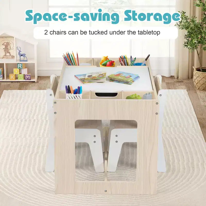 Costway multifunktionales Kindertisch- und 2-Stühle-Set mit abnehmbarer, doppelt großer Tischplatte, Grau + Weiß/Natur + Weiß