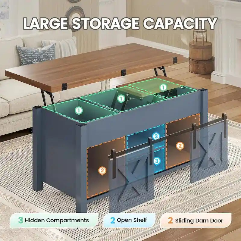 Table basse relevable avec 2 portes coulissantes de style grange, rangement et table à manger