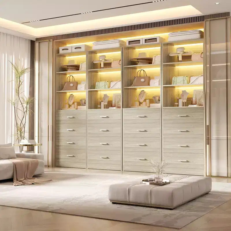 Schrank-Organisationssystem mit Holzschubladen und Regalen