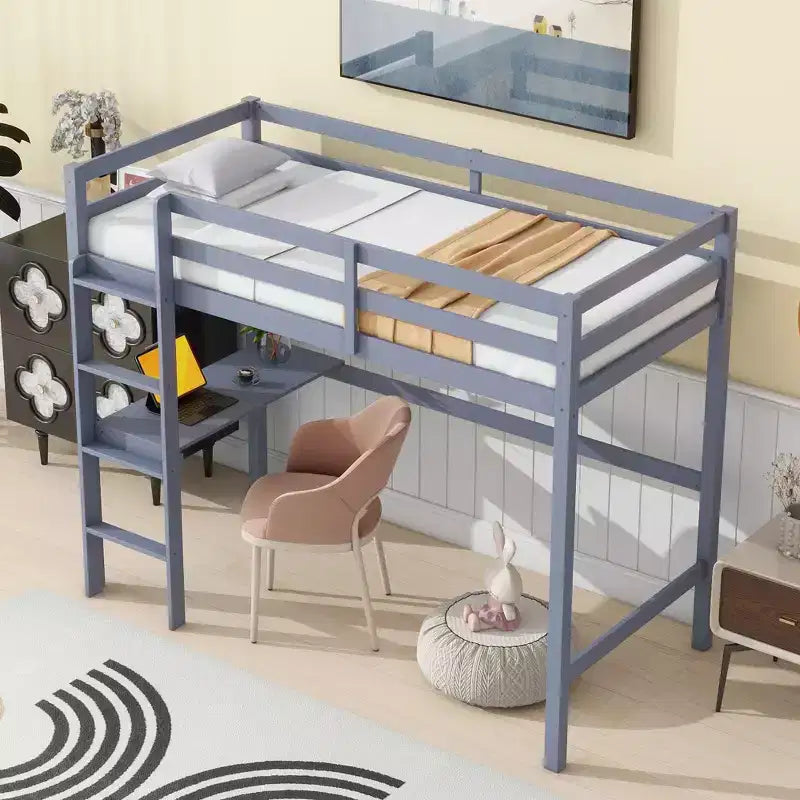 Lit mezzanine minimaliste Okak avec échelle, lit mezzanine pour lit simple en bois d’hévéa avec garde-corps de sécurité et bureau intégré, cadre de lit pour enfants et adolescents