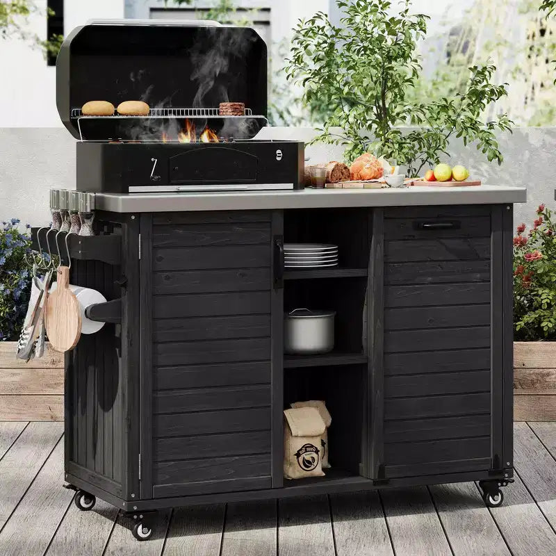 Buiteneiland voor de keuken met inklapbare zijtafel, buitenkeukenwagen met roestvrijstalen blad, verborgen afvalbak voor gazon en tuin