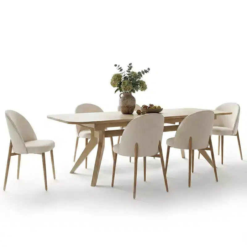 Modernes ausziehbares Esszimmertisch-Set, 78-96, für 6/8 Personen, Esszimmer-Set im Japandi-Stil mit beigefarbenen Polsterstühlen, V-förmigem Bockgestell-Panipeachy