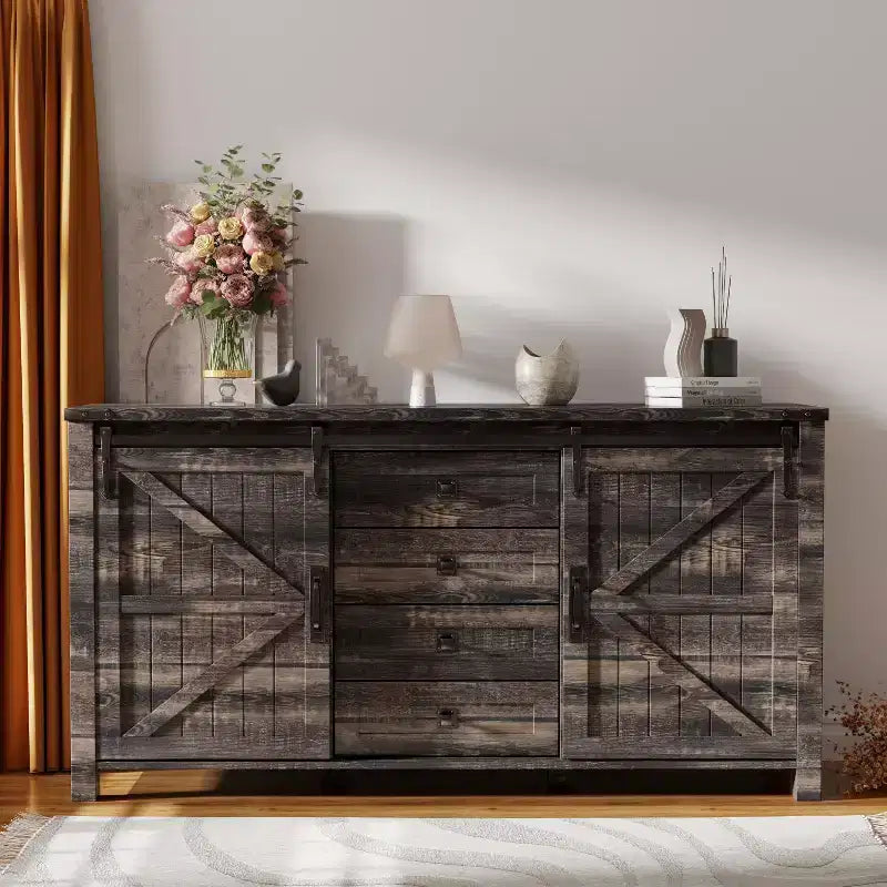 SinCiDo Schminktisch im Landhausstil, 60, mit Schiebetür im Scheunentor-Stil und 4 Schubladen, Schubladenschrank für Wohnzimmer, Schlafzimmer und Kaffeebar
