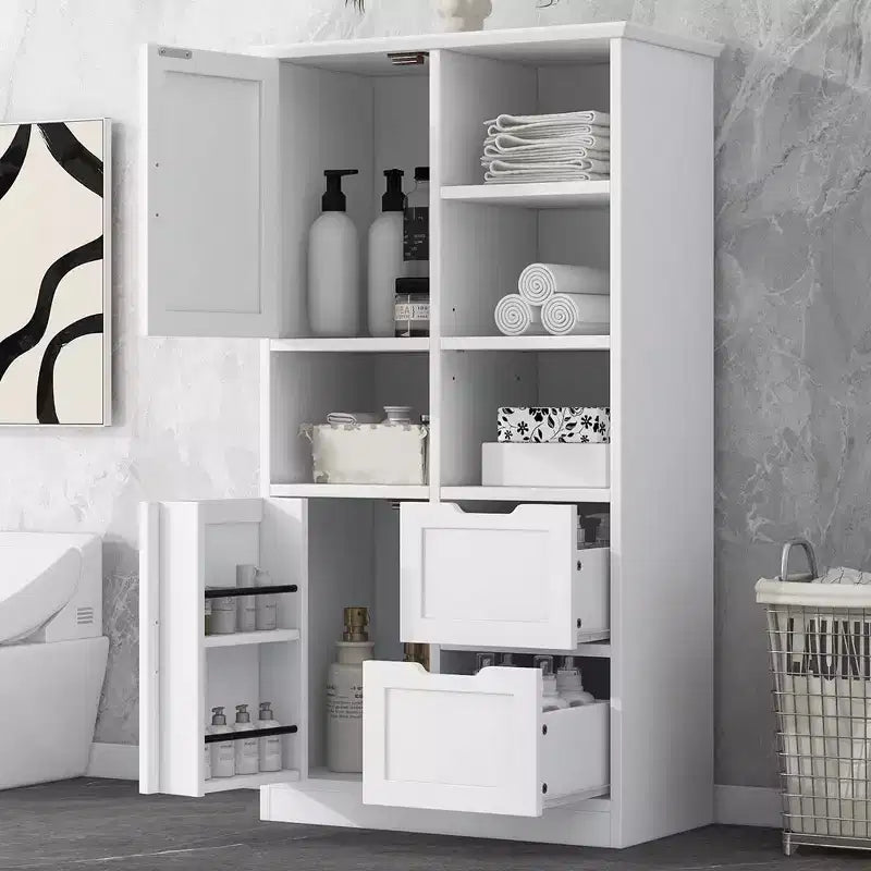 Mobiletto da bagno alto 62, indipendente da pavimento, con cassetto e ripiano regolabile, mobile dispensa per bagno e soggiorno